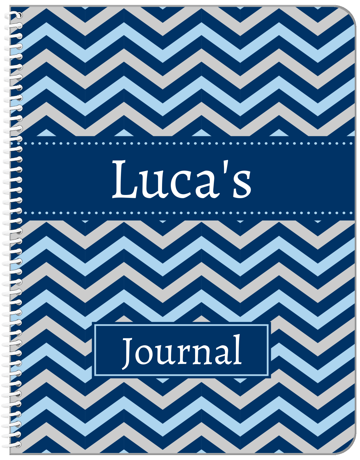 Personalized Chevron Notebook - Blue and Grey - Ribbon Nameplate - Front View