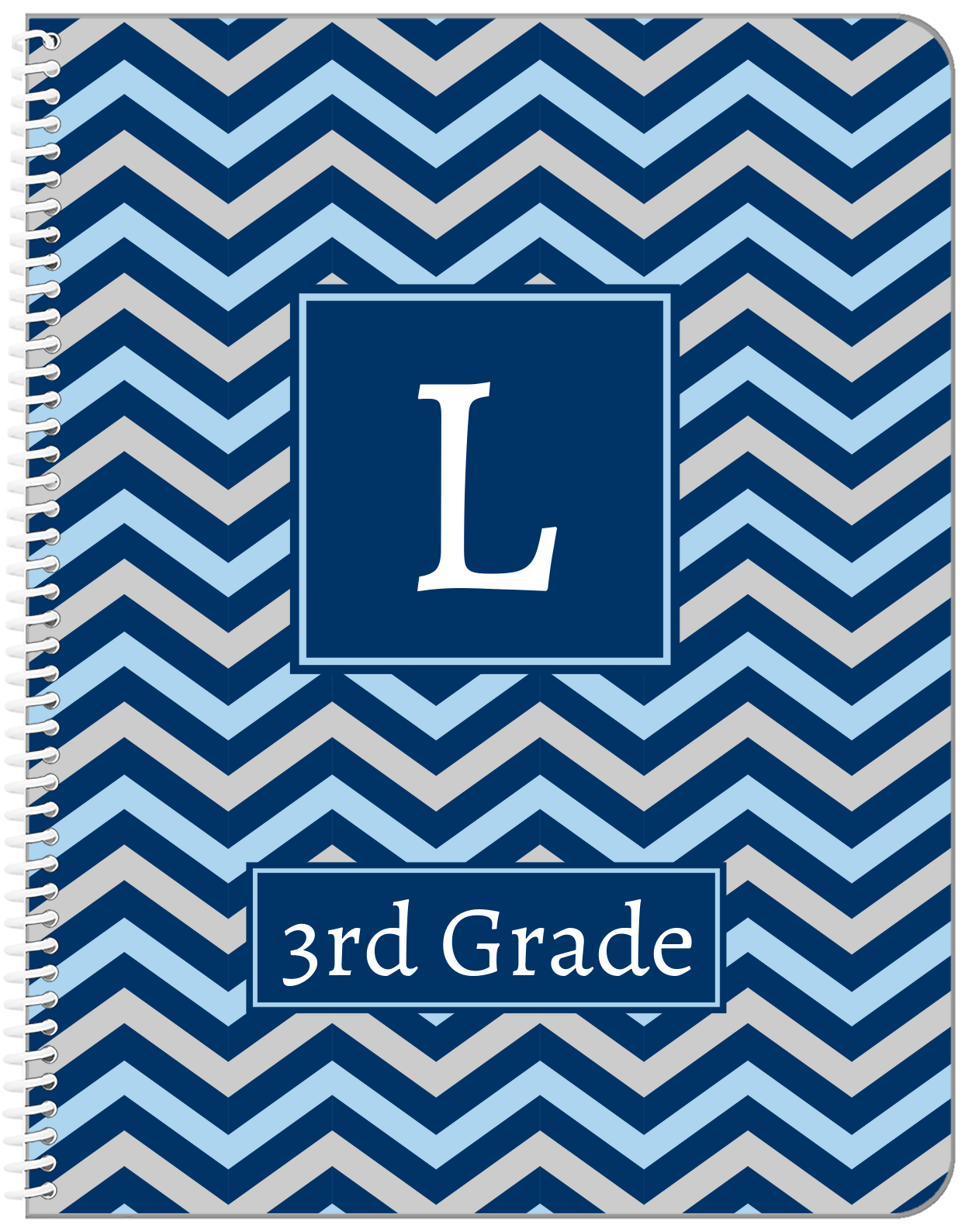 Personalized Chevron Notebook - Blue and Grey - Square Nameplate - Front View
