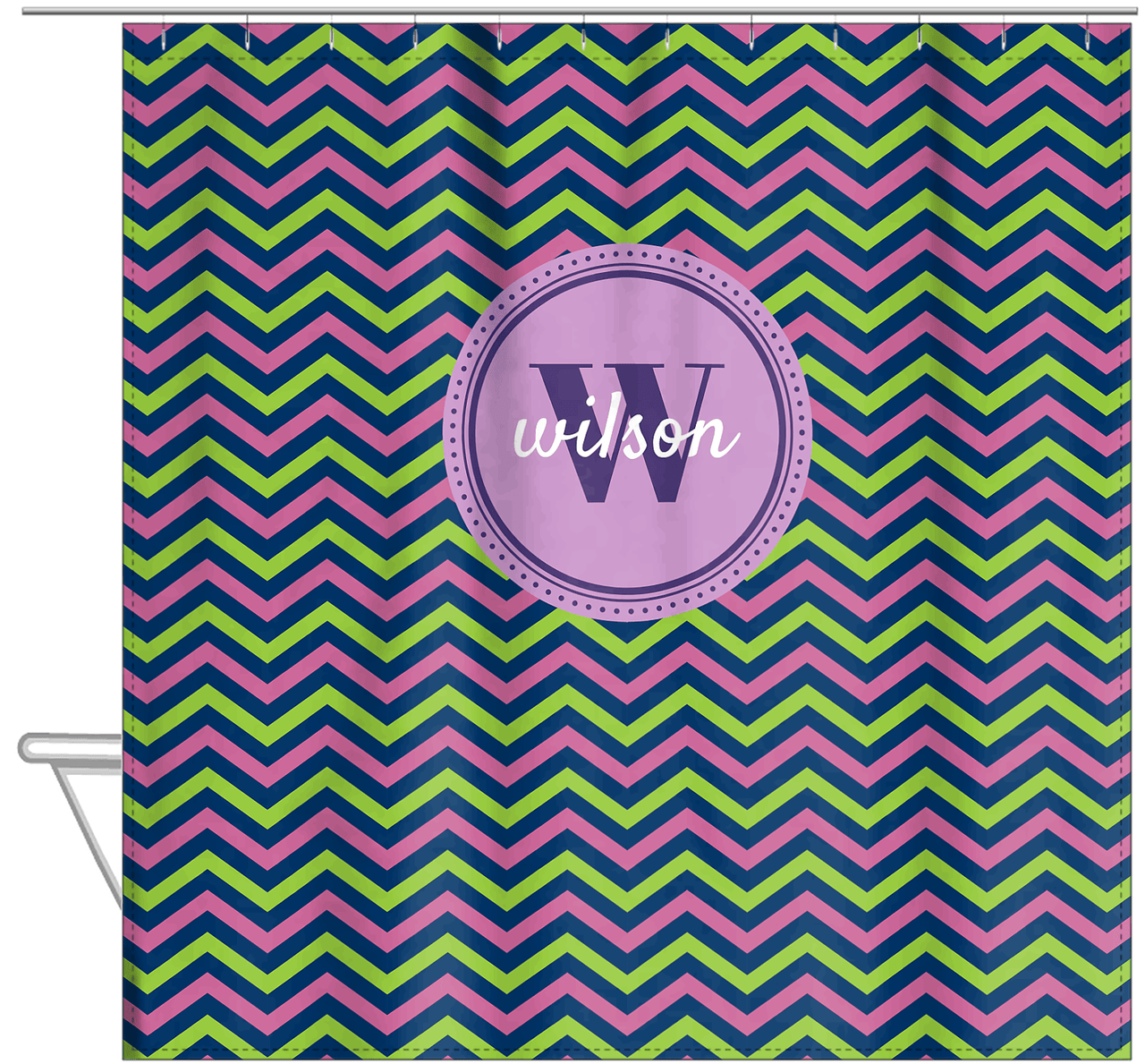 Personalized Chevron Shower Curtain - Purple and Lime - Circle Nameplate - Hanging View