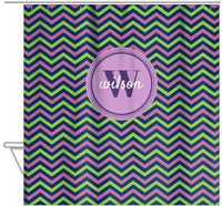 Thumbnail for Personalized Chevron Shower Curtain - Purple and Lime - Circle Nameplate - Hanging View