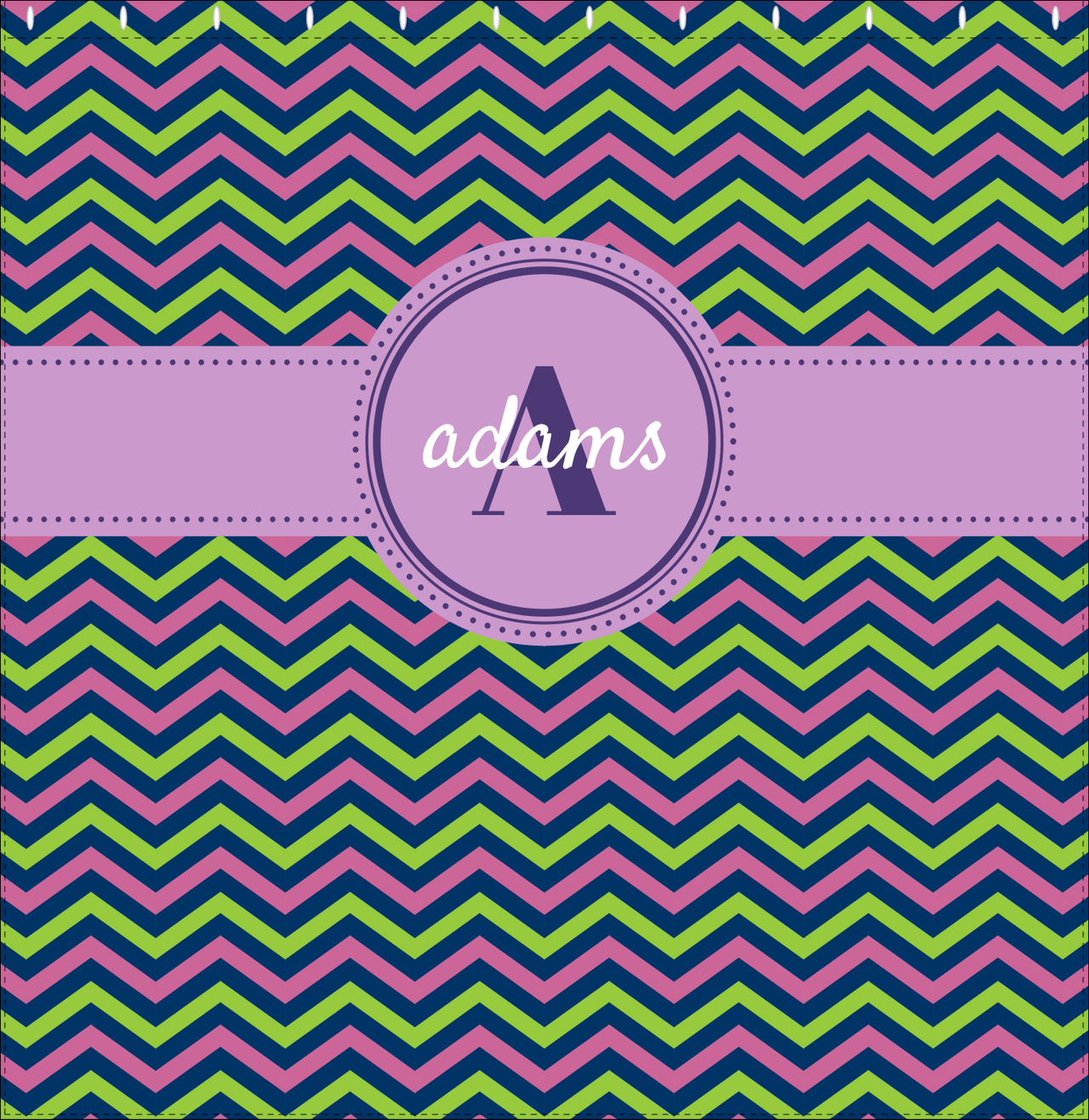 Personalized Chevron Shower Curtain - Purple and Lime - Circle Ribbon Nameplate - Decorate View