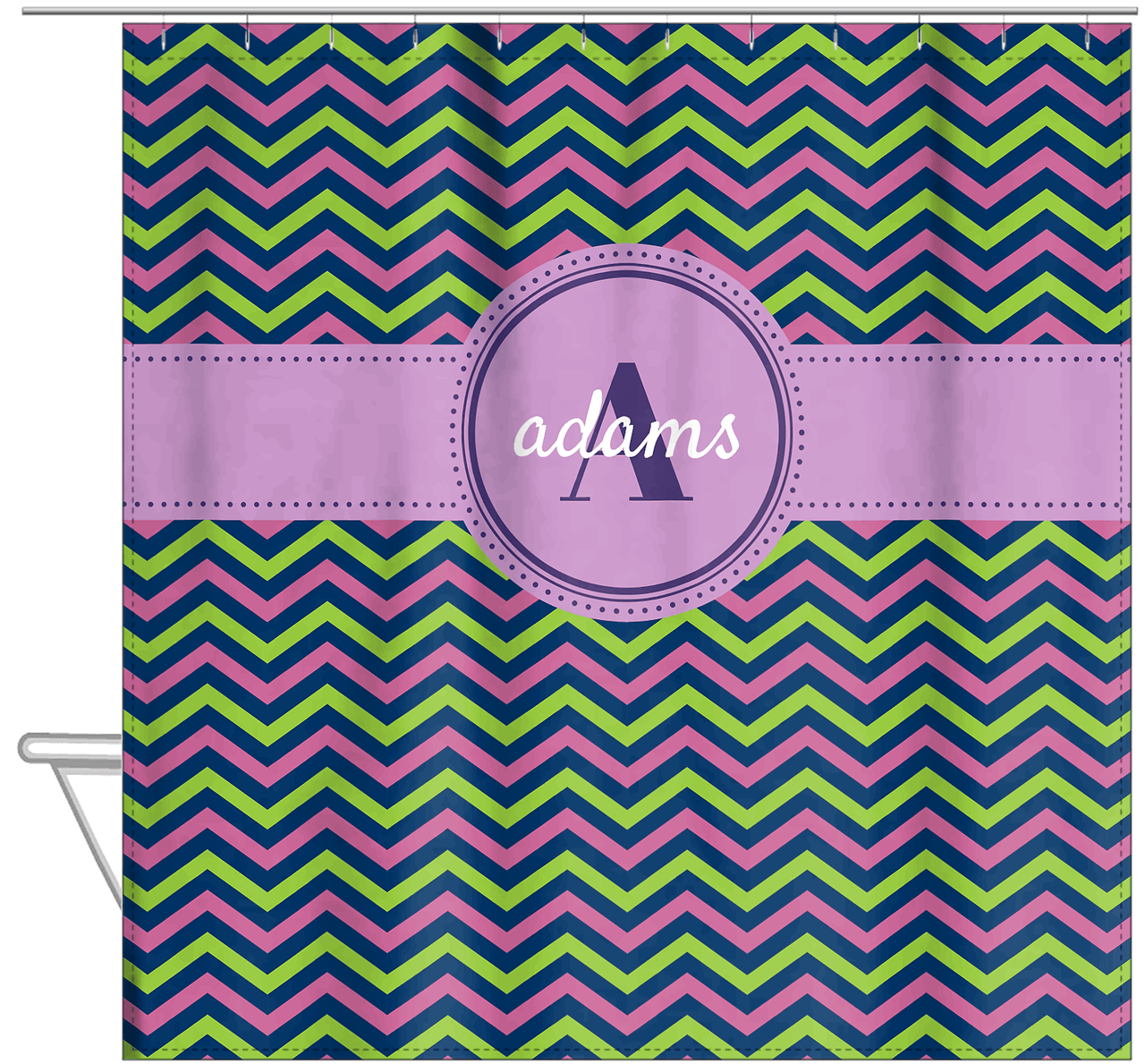 Personalized Chevron Shower Curtain - Purple and Lime - Circle Ribbon Nameplate - Hanging View