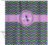 Thumbnail for Personalized Chevron Shower Curtain - Purple and Lime - Circle Ribbon Nameplate - Hanging View