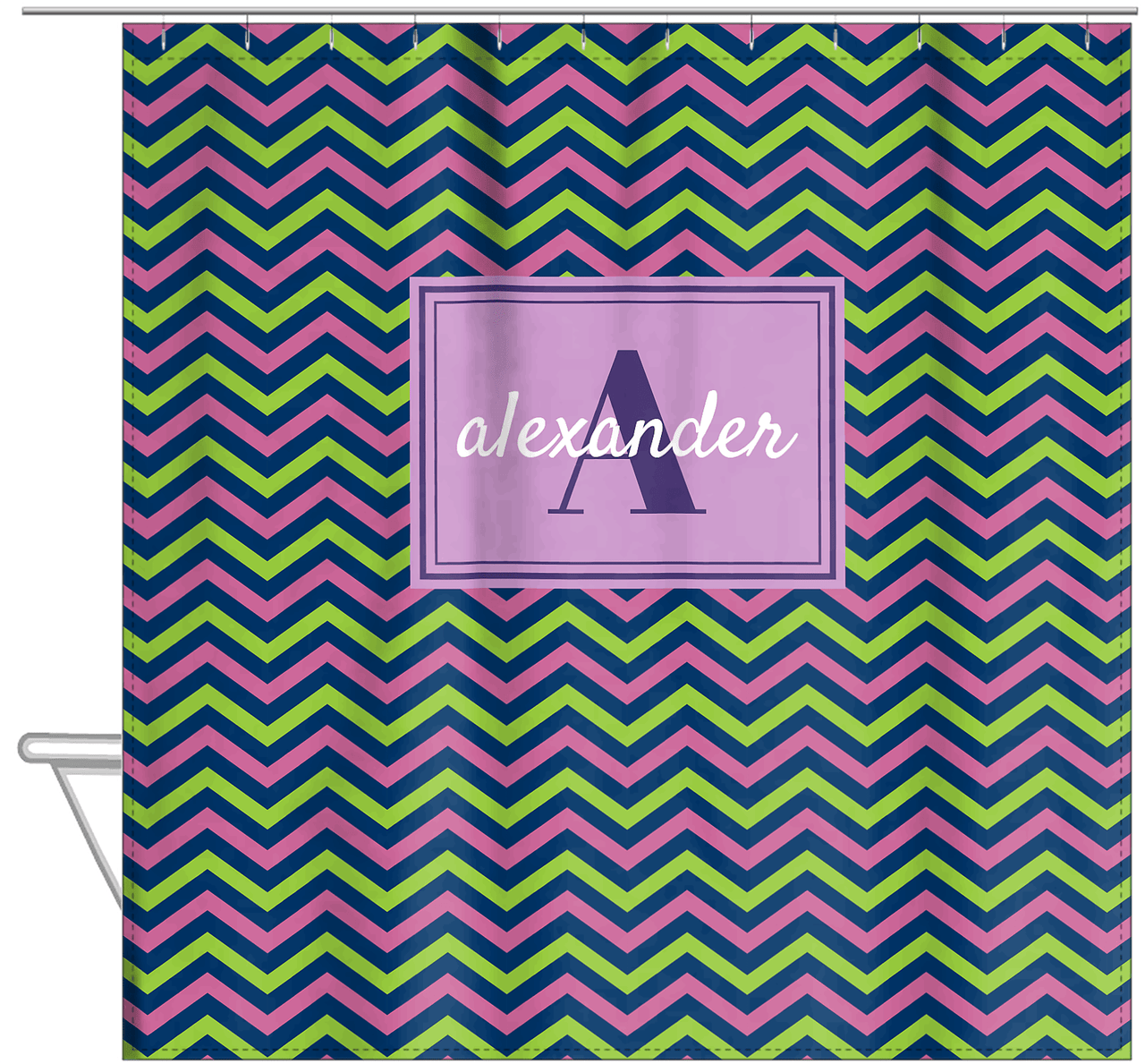 Personalized Chevron Shower Curtain - Purple and Lime - Rectangle Nameplate - Hanging View