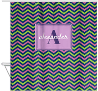 Thumbnail for Personalized Chevron Shower Curtain - Purple and Lime - Rectangle Nameplate - Hanging View