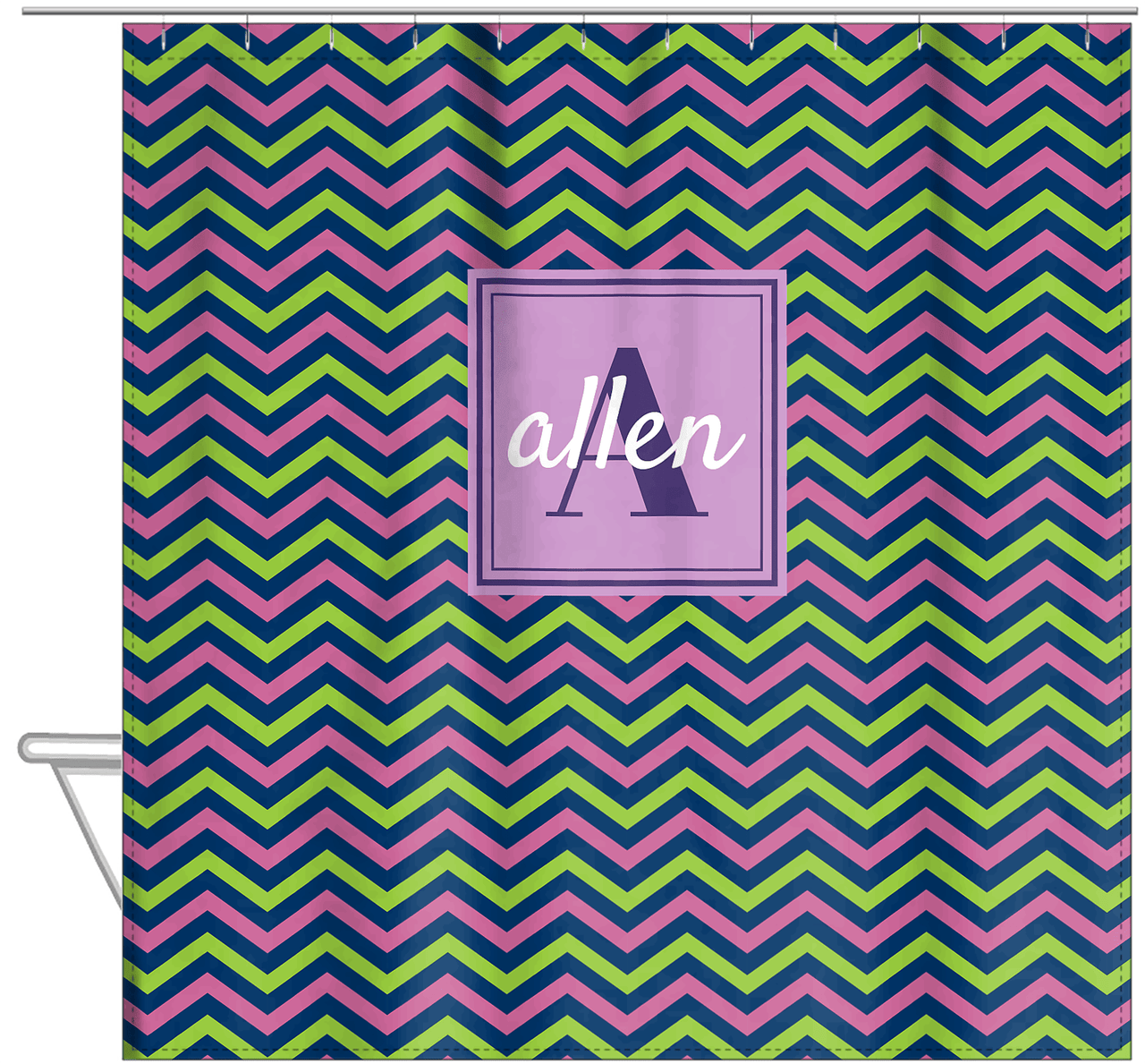 Personalized Chevron Shower Curtain - Purple and Lime - Square Nameplate - Hanging View