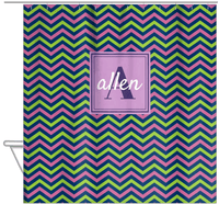 Thumbnail for Personalized Chevron Shower Curtain - Purple and Lime - Square Nameplate - Hanging View