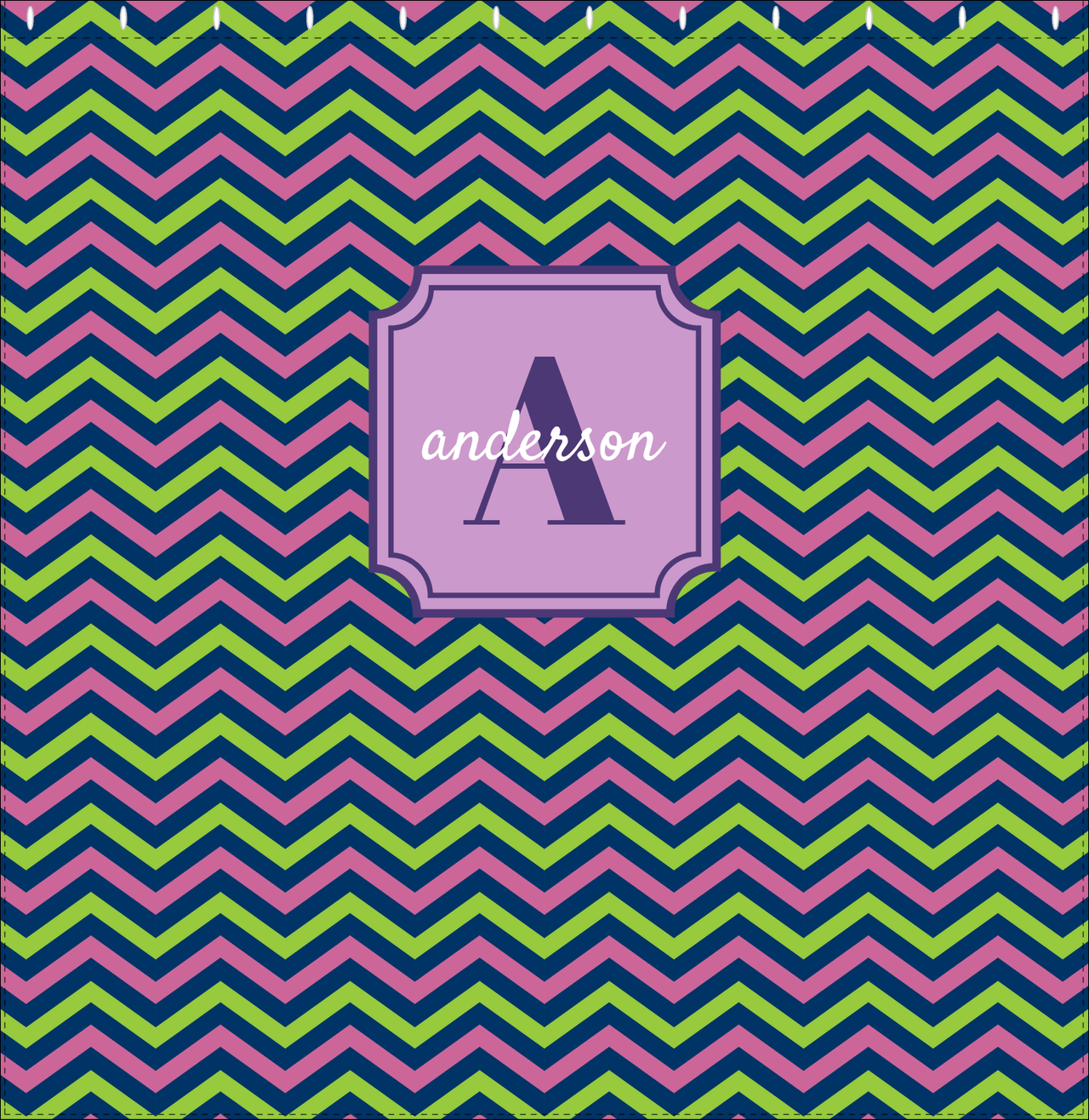 Personalized Chevron Shower Curtain - Purple and Lime - Stamp Nameplate - Decorate View