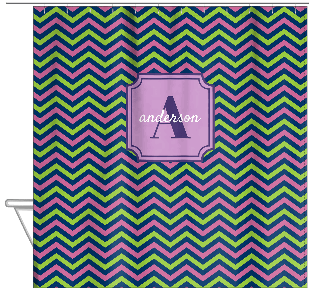 Personalized Chevron Shower Curtain - Purple and Lime - Stamp Nameplate - Hanging View