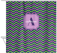 Thumbnail for Personalized Chevron Shower Curtain - Purple and Lime - Stamp Nameplate - Hanging View