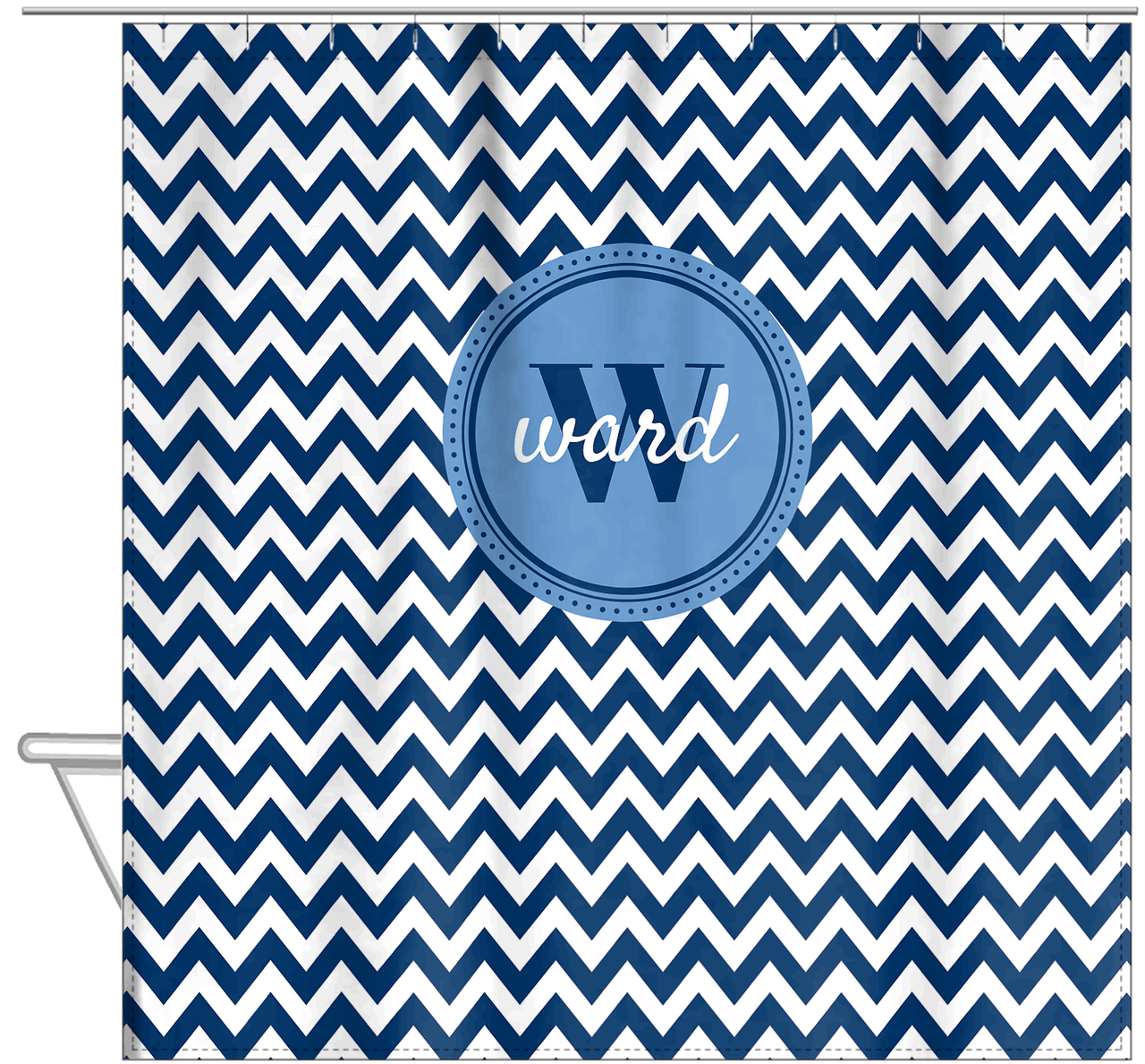 Personalized Chevron Shower Curtain II - Blue and White - Circle Nameplate - Hanging View