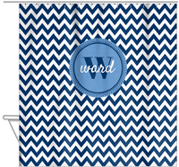 Thumbnail for Personalized Chevron Shower Curtain II - Blue and White - Circle Nameplate - Hanging View