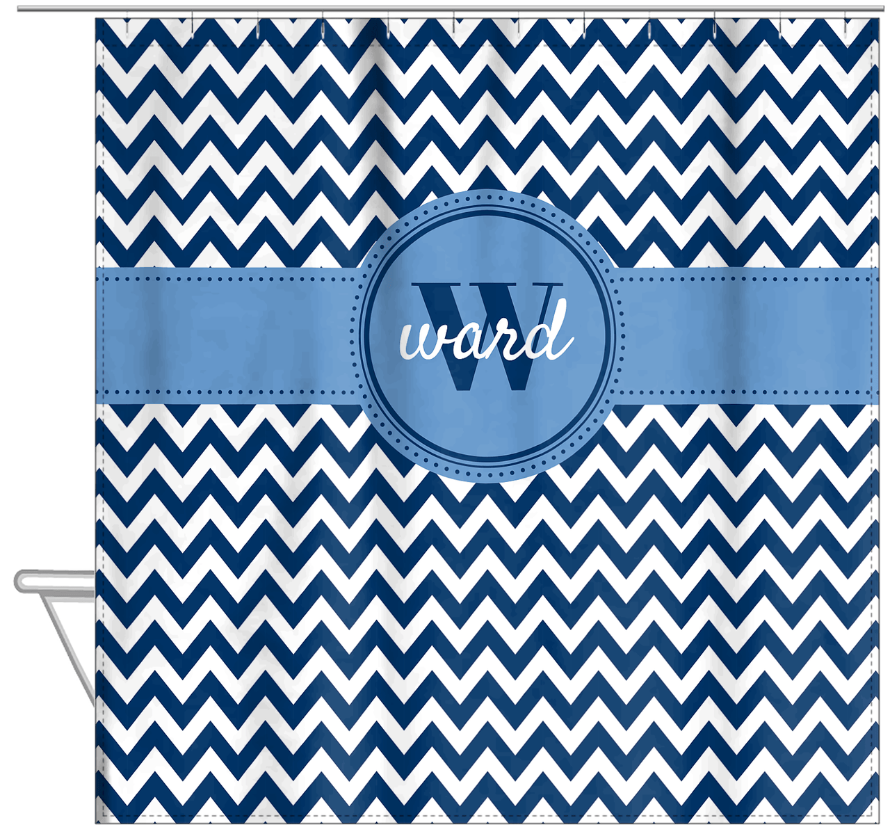 Personalized Chevron Shower Curtain II - Blue and White - Circle Ribbon Nameplate - Hanging View