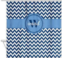 Thumbnail for Personalized Chevron Shower Curtain II - Blue and White - Circle Ribbon Nameplate - Hanging View