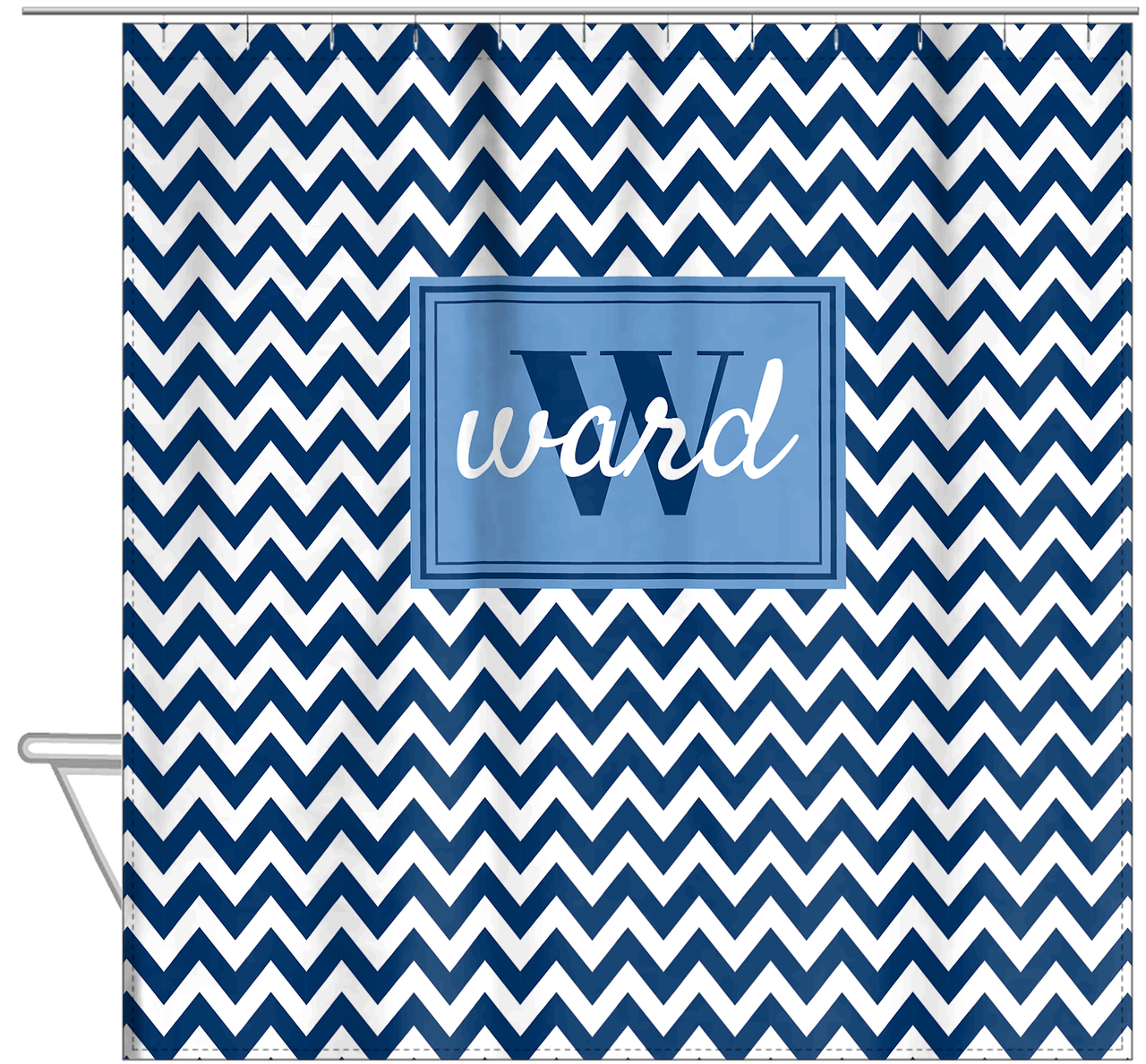 Personalized Chevron Shower Curtain II - Blue and White - Rectangle Nameplate - Hanging View