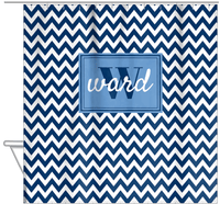 Thumbnail for Personalized Chevron Shower Curtain II - Blue and White - Rectangle Nameplate - Hanging View