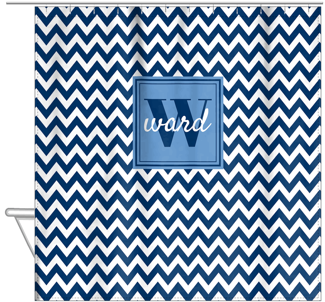 Personalized Chevron Shower Curtain II - Blue and White - Square Nameplate - Hanging View