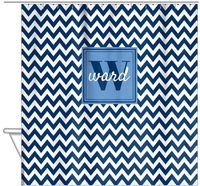 Thumbnail for Personalized Chevron Shower Curtain II - Blue and White - Square Nameplate - Hanging View