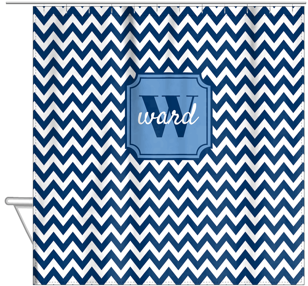 Personalized Chevron Shower Curtain II - Blue and White - Stamp Nameplate - Hanging View