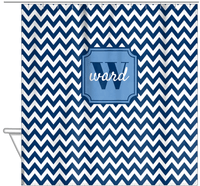 Thumbnail for Personalized Chevron Shower Curtain II - Blue and White - Stamp Nameplate - Hanging View