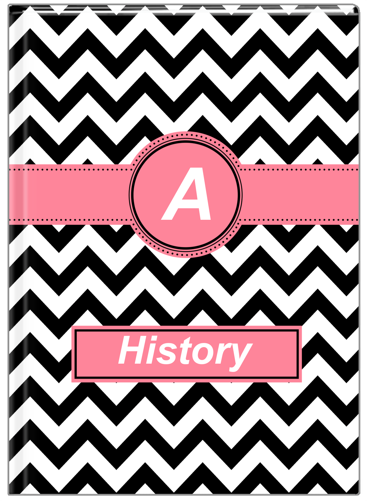Personalized Chevron I Journal - Black and Pink - Circle Ribbon Nameplate - Front View