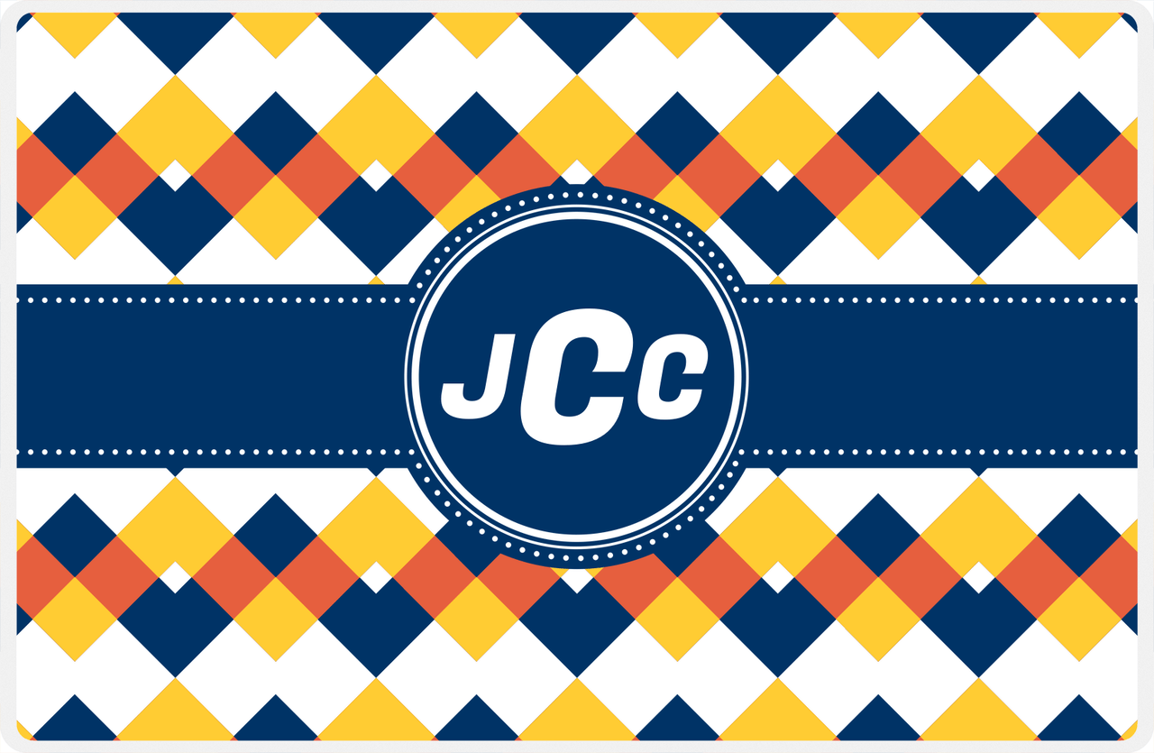 Personalized Chevron Placemat - Navy and Mustard - Navy Circle Frame With Ribbon -  View