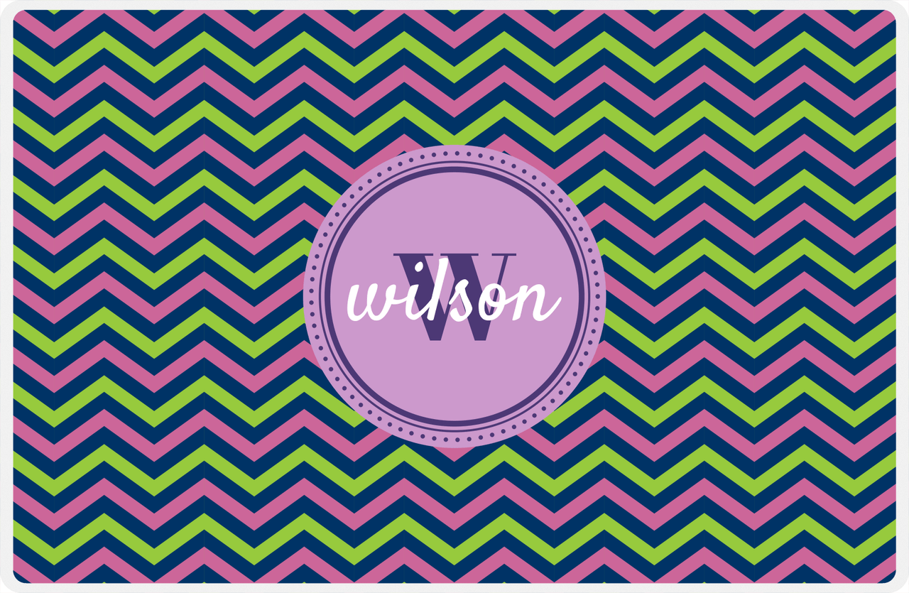Personalized Chevron II Placemat - Name Over Initial - Lime, Navy, Orchid - Circle Frame -  View