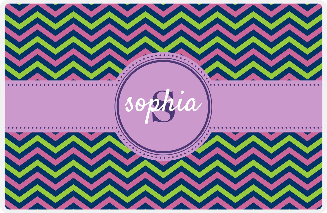 Personalized Chevron II Placemat - Name Over Initial - Lime, Navy, Orchid - Circle Ribbon Frame -  View