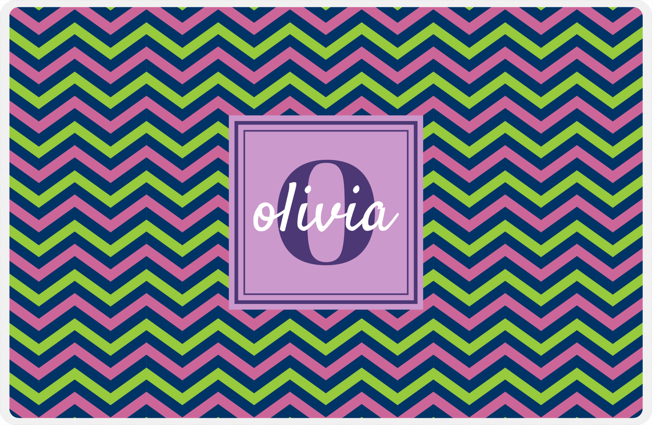 Personalized Chevron II Placemat - Name Over Initial - Lime, Navy, Orchid - Square Frame -  View