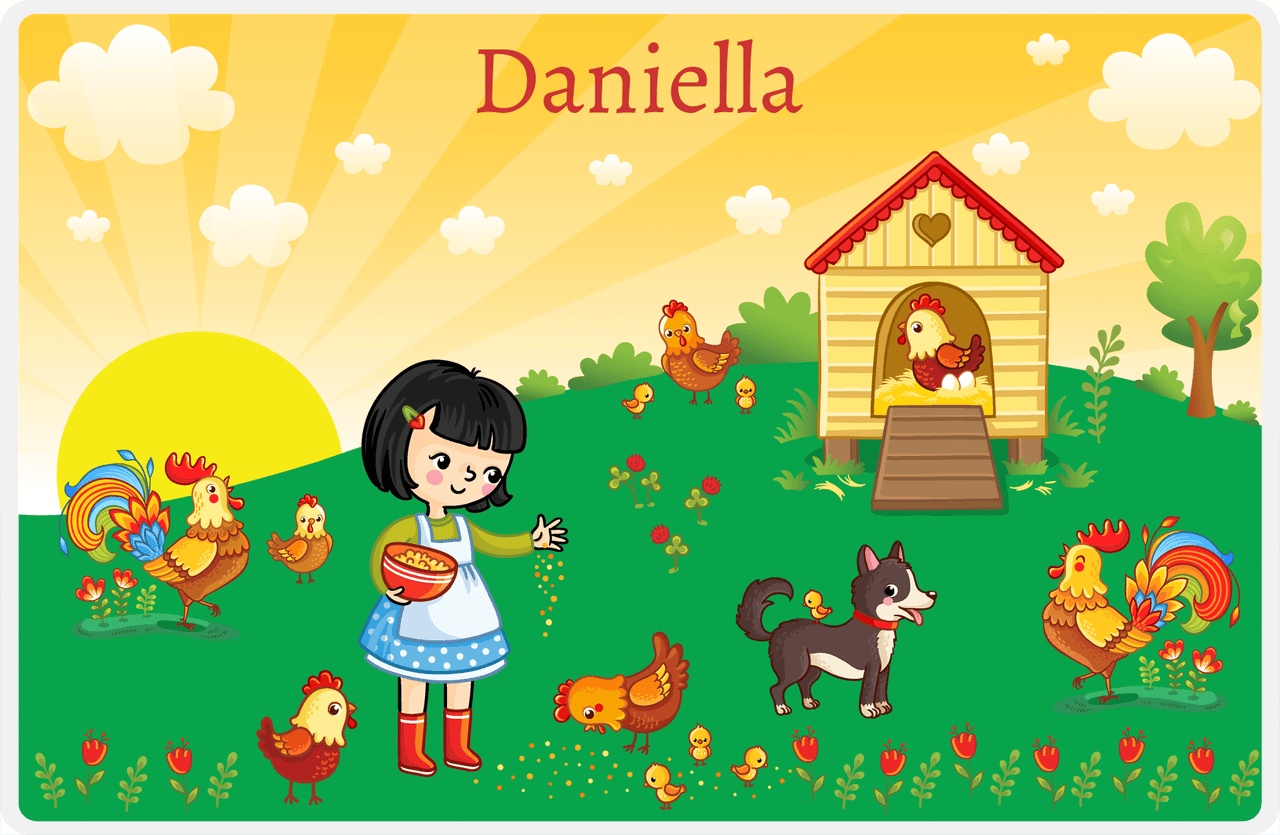 Personalized Chickens Placemat I - Chicken Yard - Black Hair Girl -  View