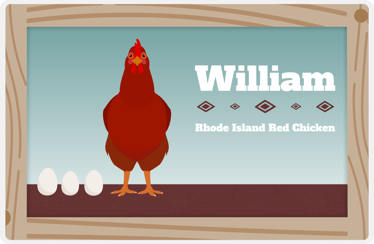 Personalized Chickens Placemat VII - Wood Border - Rhode Island Red -  View