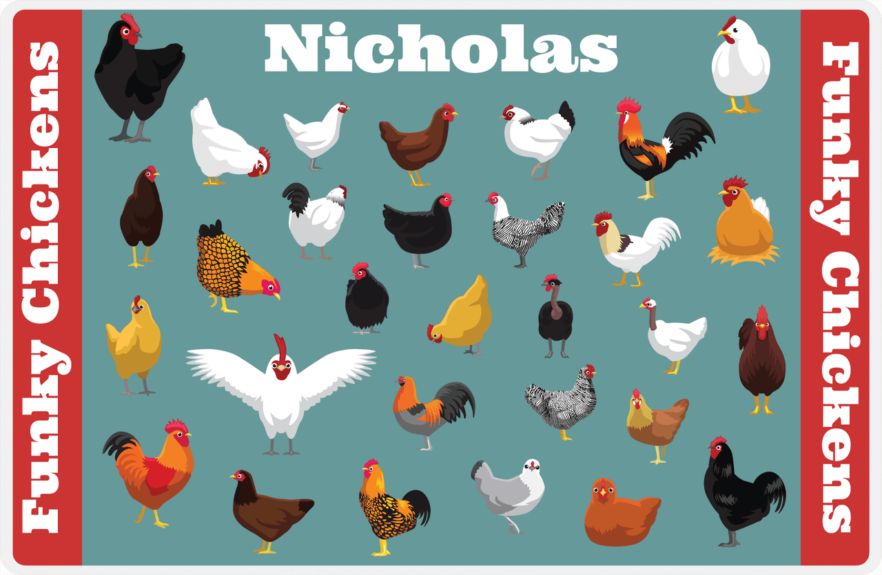 Personalized Chickens Placemat IX - Funky Chickens - Teal Background -  View
