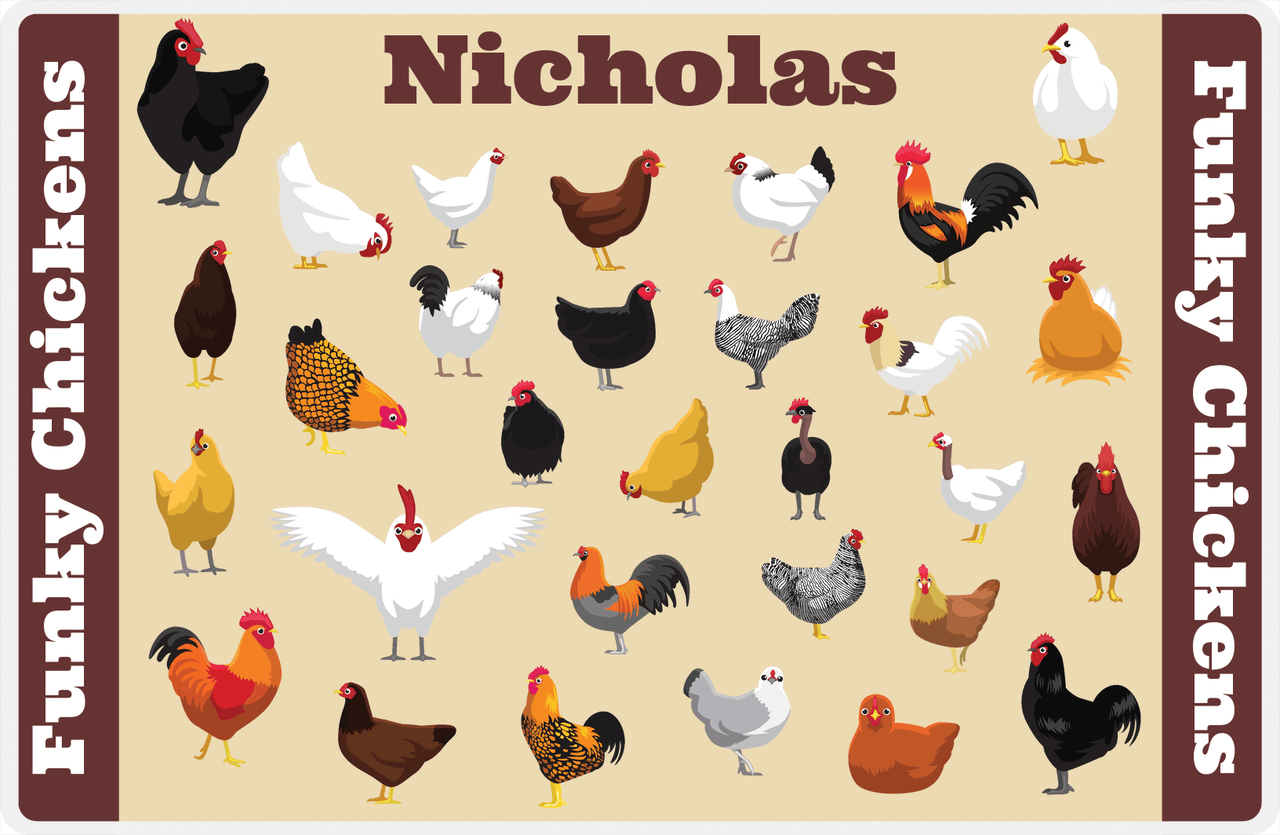 Personalized Chickens Placemat IX - Funky Chickens - Tan Background -  View