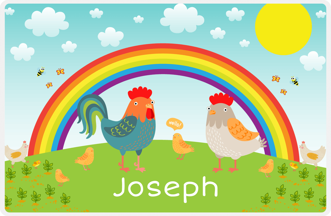 Personalized Chickens Placemat XII - Rainbow Hello - Teal Background -  View