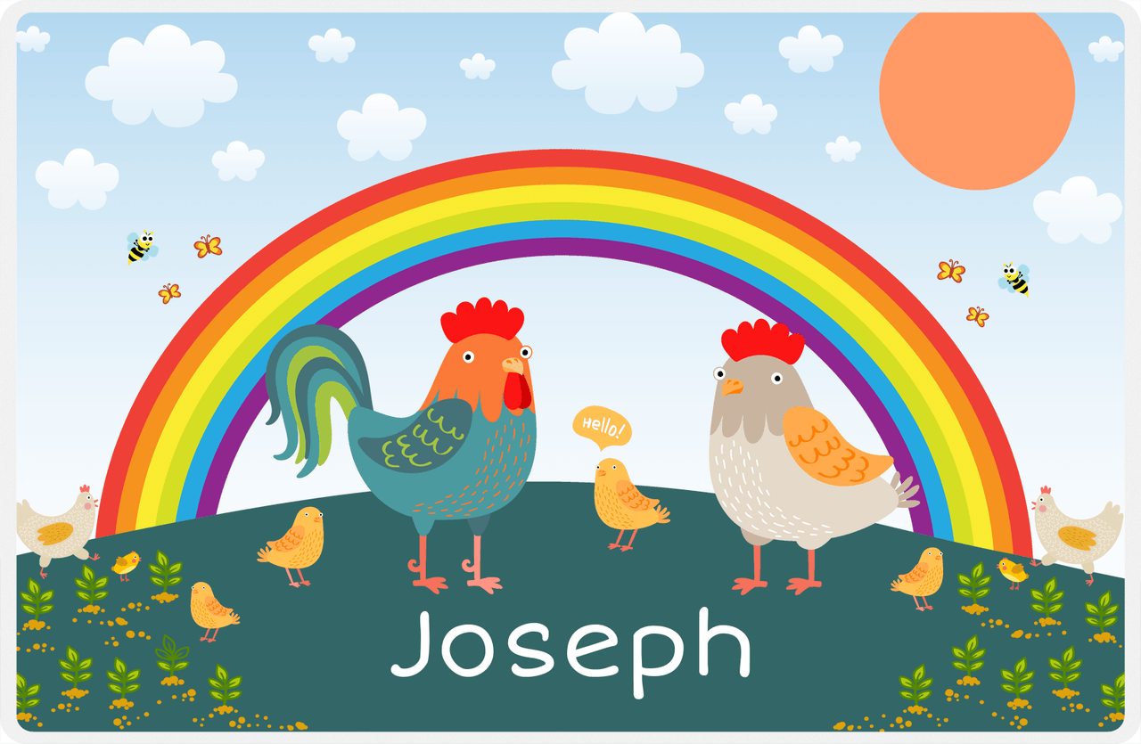 Personalized Chickens Placemat XII - Rainbow Hello - Blue Background -  View