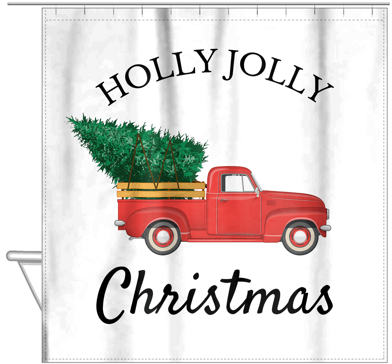 Personalized Christmas Shower Curtain - Old Red Truck with Christmas Tree with Arc Text - Hanging View