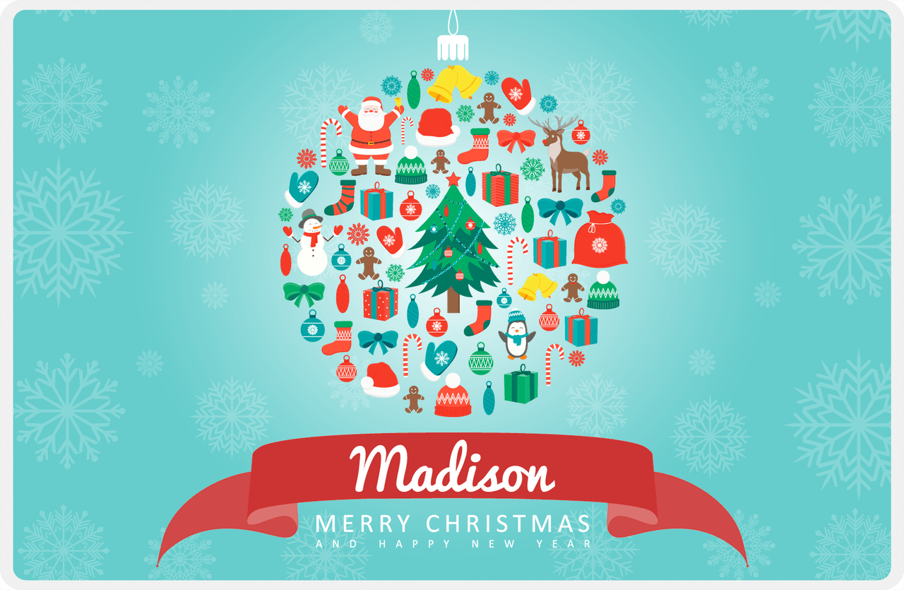 Personalized Christmas Placemat VI - Xmas Ornament - Teal Background -  View