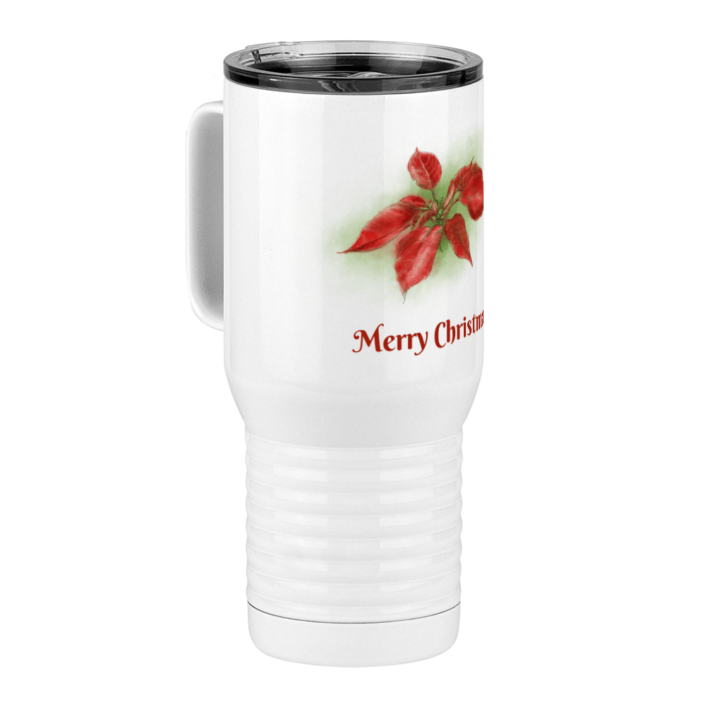 Personalized Christmas Poinsettia Tumbler, Travel Coffee Mug with Handle and Slider Lid, White 20 oz Polar Camel, Stainless Steel, Vacuum Insulated - Front Print - Front Left View