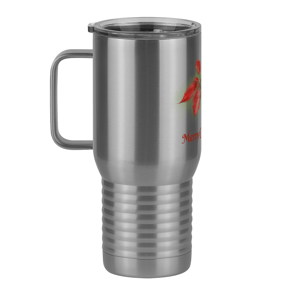 Personalized Christmas Poinsettia Tumbler, Travel Coffee Mug with Handle and Slider Lid, White 20 oz Polar Camel, Stainless Steel, Vacuum Insulated - Front Print - Left View