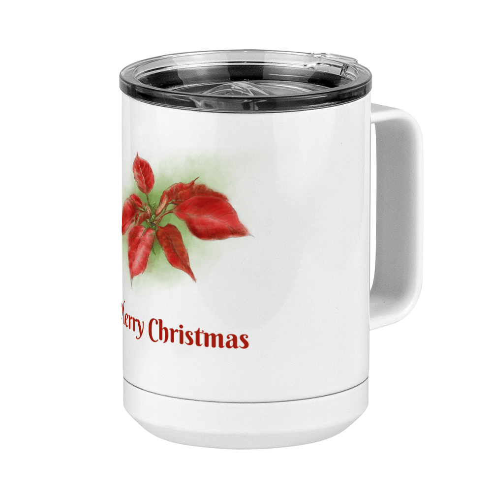 Personalized Christmas Poinsettia Tumbler, Coffee Mug with Handle and Slider Lid, White 15 oz Polar Camel, Stainless Steel, Vacuum Insulated - Front Print - Front Right View