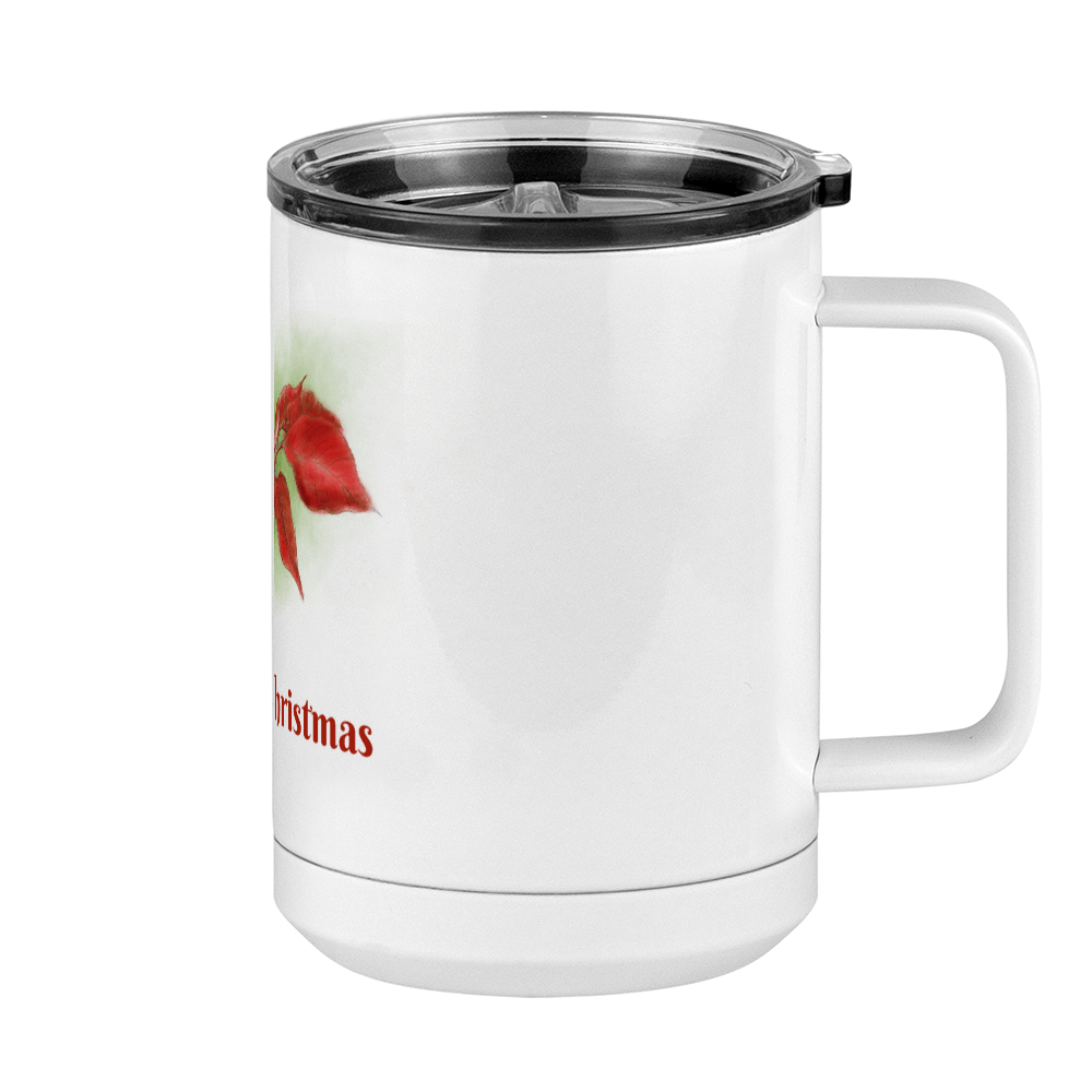 Personalized Christmas Poinsettia Tumbler, Coffee Mug with Handle and Slider Lid, White 15 oz Polar Camel, Stainless Steel, Vacuum Insulated - Front Print - Right View