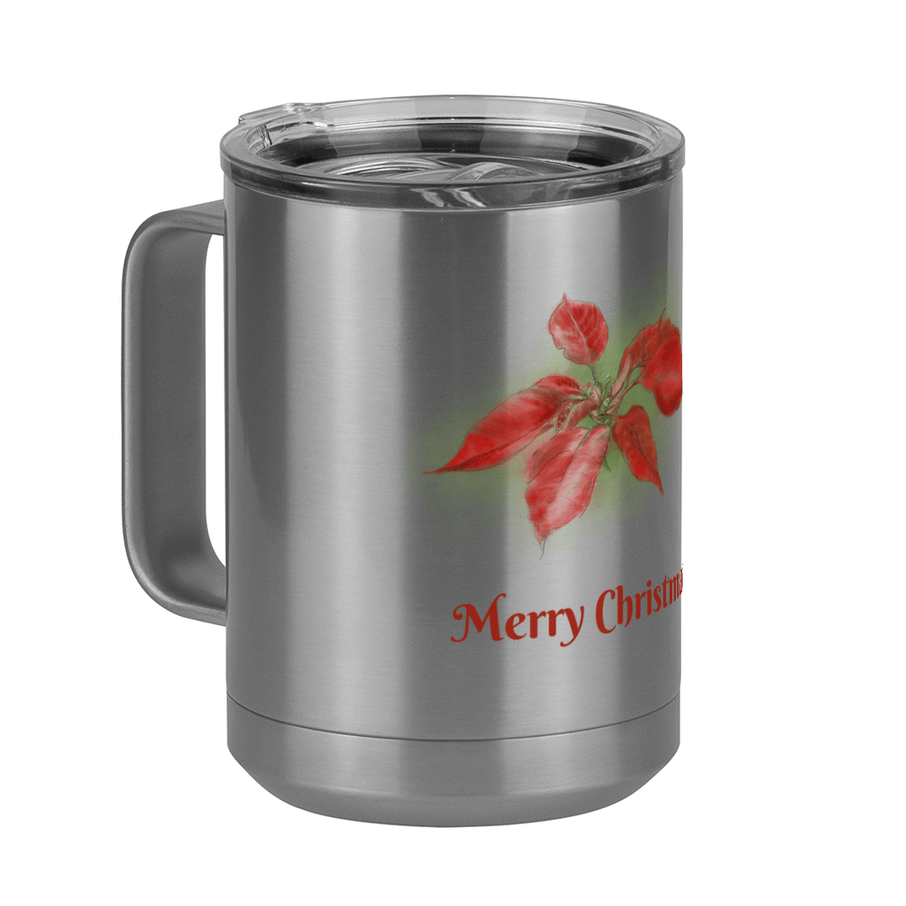 Personalized Christmas Poinsettia Tumbler, Coffee Mug with Handle and Slider Lid, White 15 oz Polar Camel, Stainless Steel, Vacuum Insulated - Front Print - Front Left View