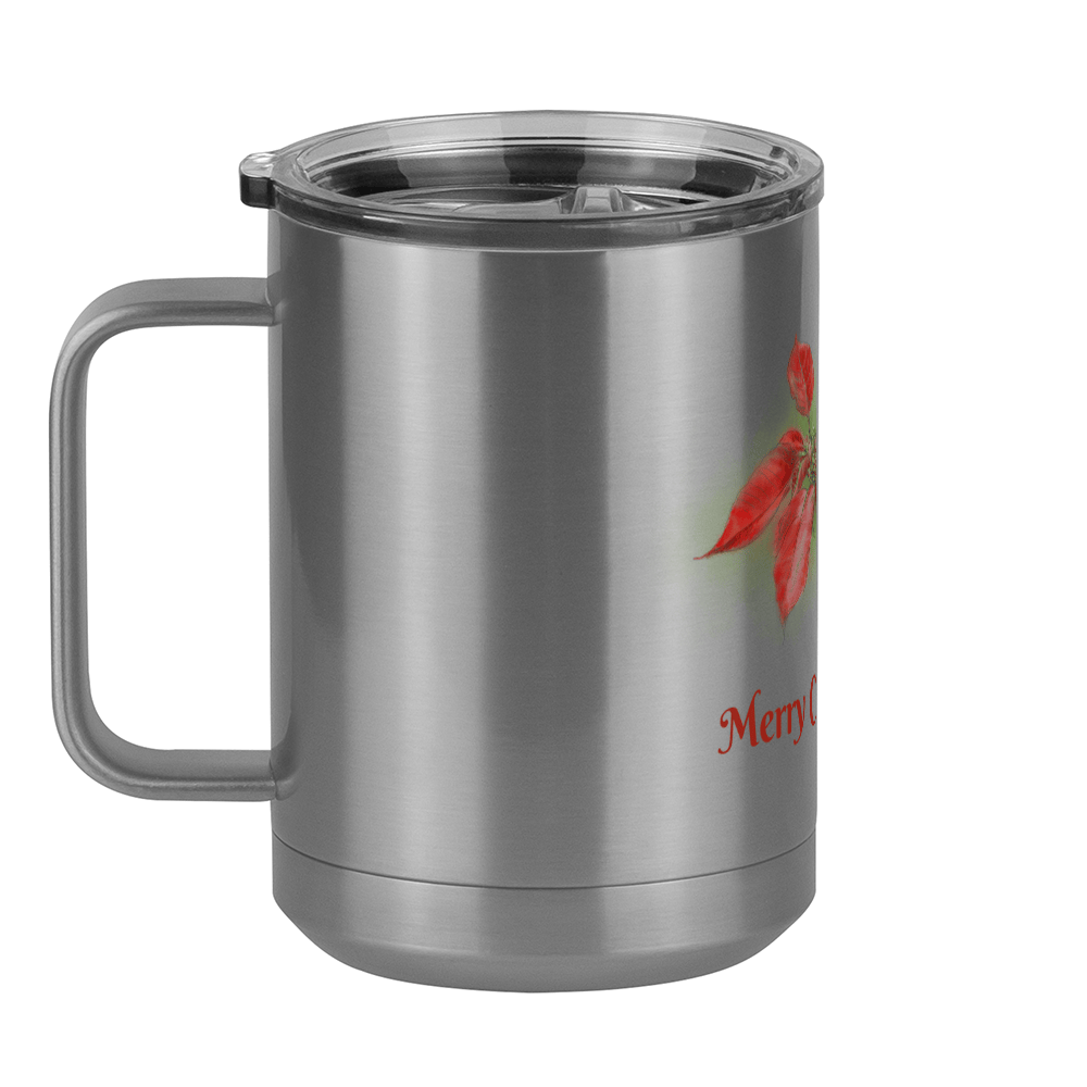 Personalized Christmas Poinsettia Tumbler, Coffee Mug with Handle and Slider Lid, White 15 oz Polar Camel, Stainless Steel, Vacuum Insulated - Front Print - Left View