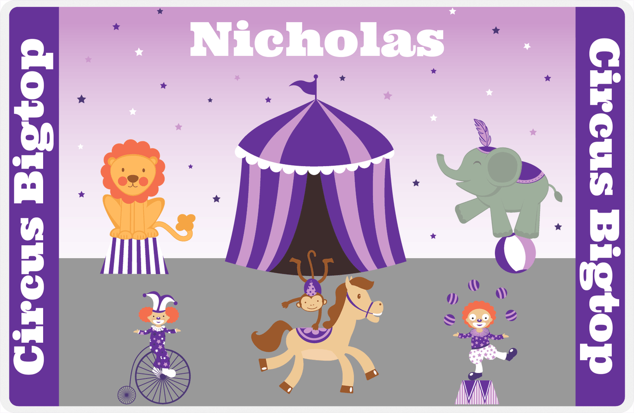 Personalized Circus Animals Placemat II - Circus Bigtop - Purple Background -  View