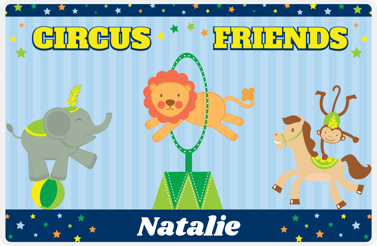 Personalized Circus Animals Placemat III - Circus Friends - Blue Background -  View