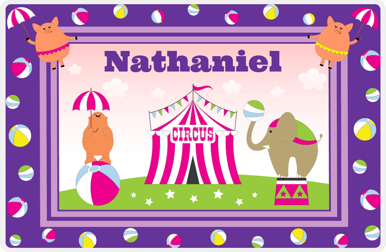 Personalized Circus Animals Placemat V - Flying Pigs - Purple Background -  View