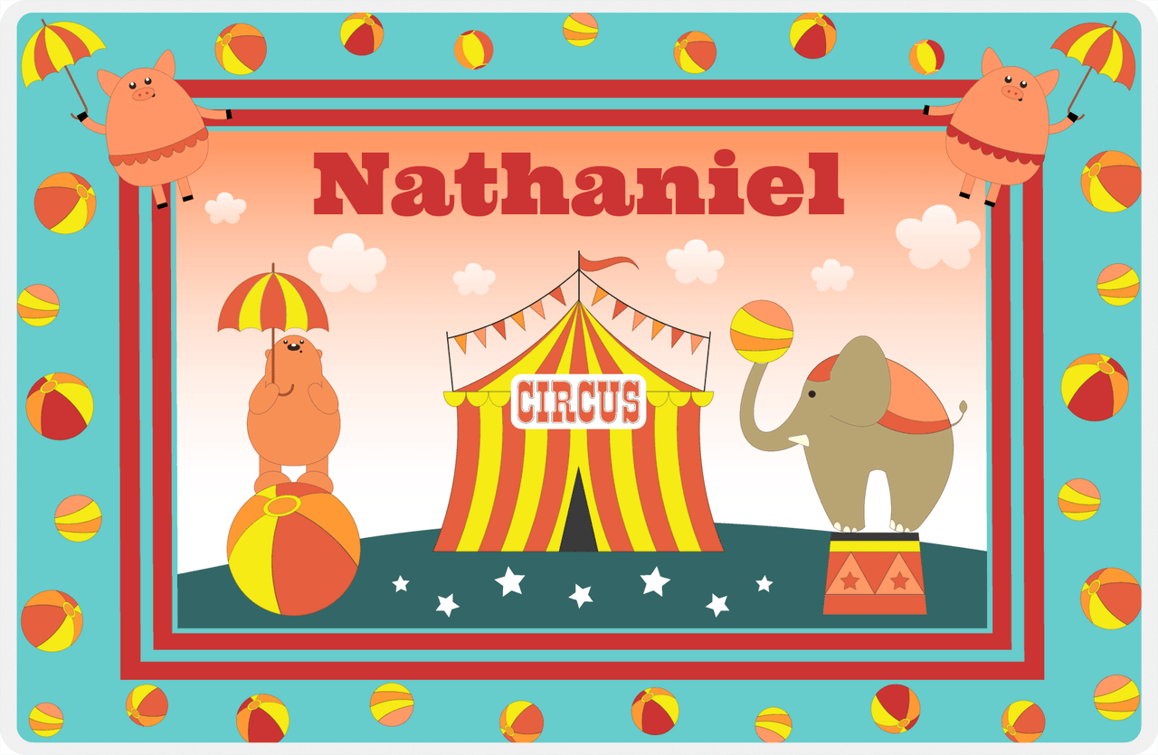 Personalized Circus Animals Placemat V - Flying Pigs - Teal Background -  View