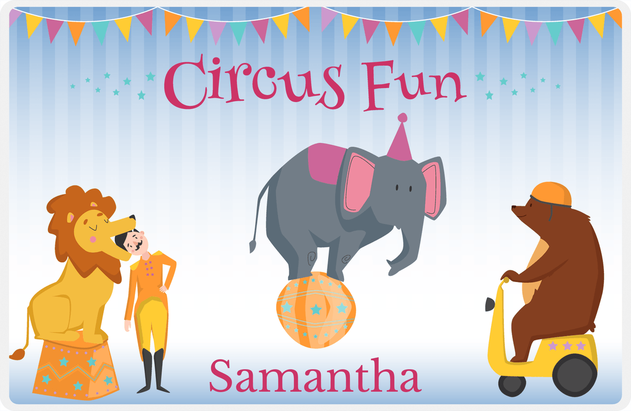 Personalized Circus Animals Placemat VI - Precarious Pachyderm - Blue Background -  View