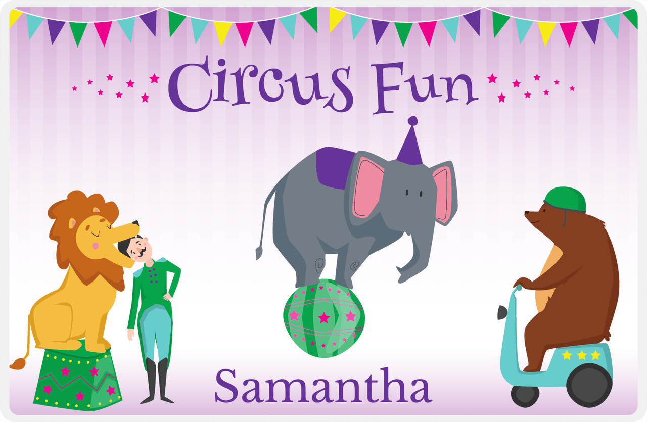 Personalized Circus Animals Placemat VI - Precarious Pachyderm - Purple Background -  View
