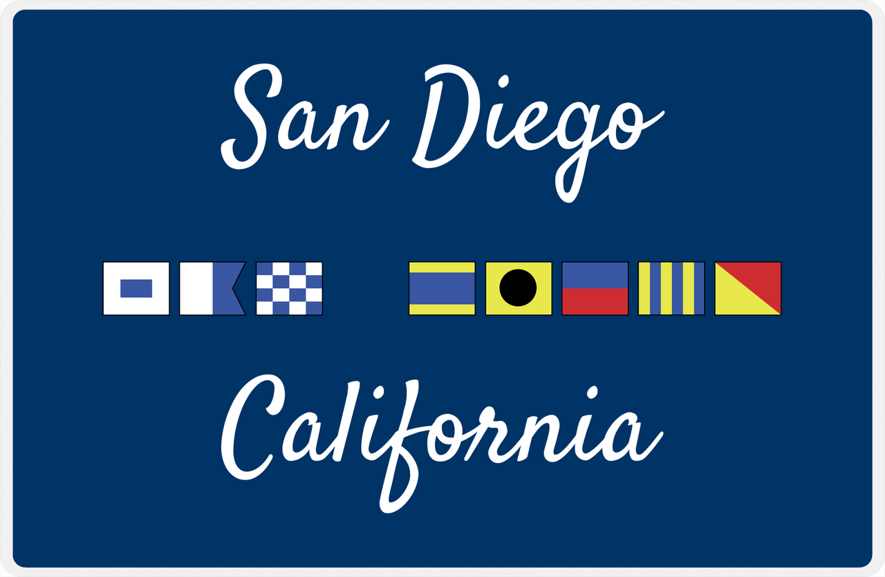 Personalized City & State Nautical Flags Placemat - Blue Background - Black Border Flags - San Diego, California -  View